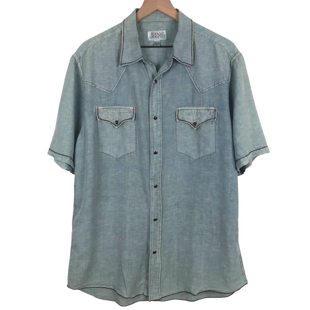 RYAN MICHAEL Silk Linen Western Snap Shirt Men's L Morning Sky Blue S/S